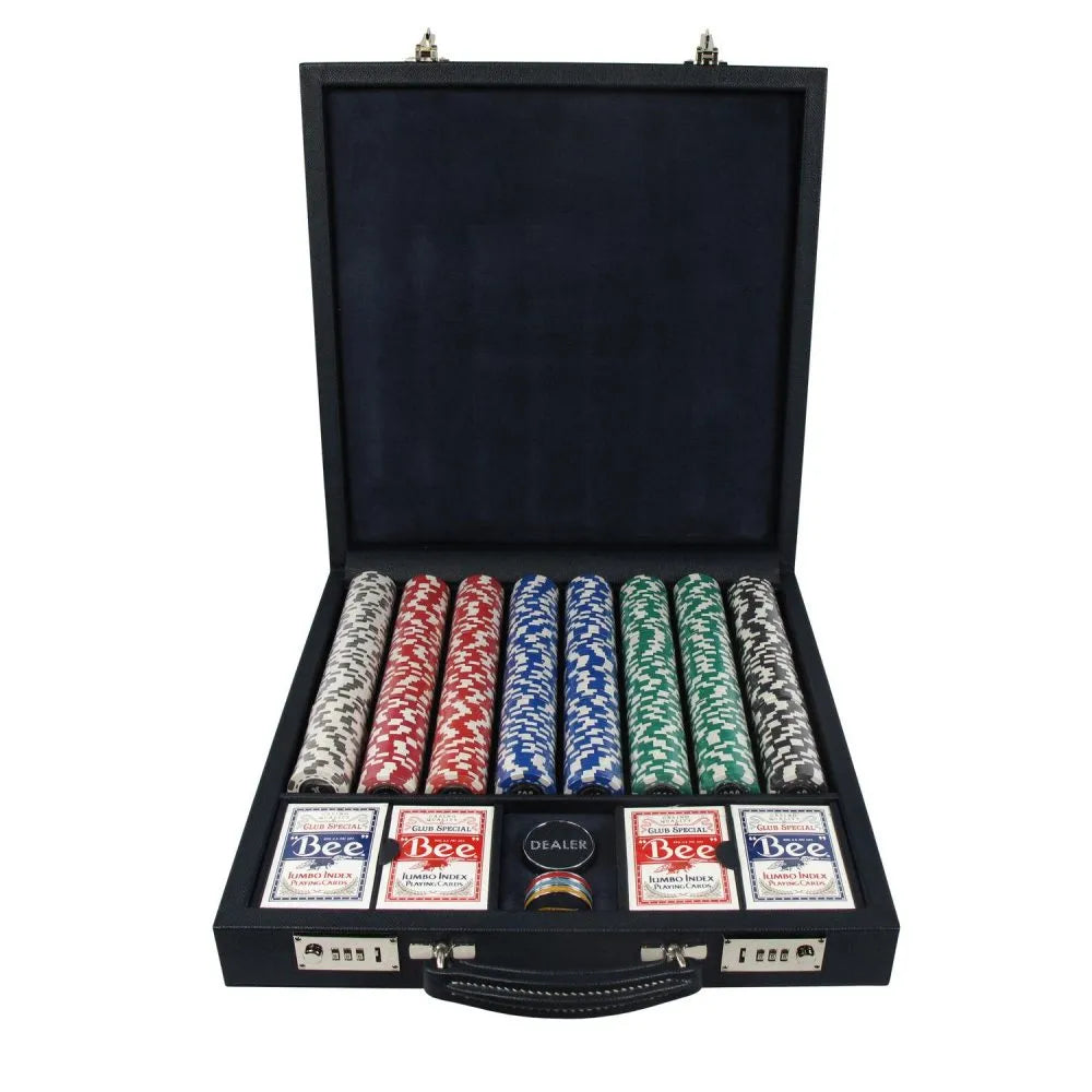 Luxury poker set in Marine Blue leather with clay chips, “Bee” cards, and chrome buttons by Geoffrey Parker for EB London.