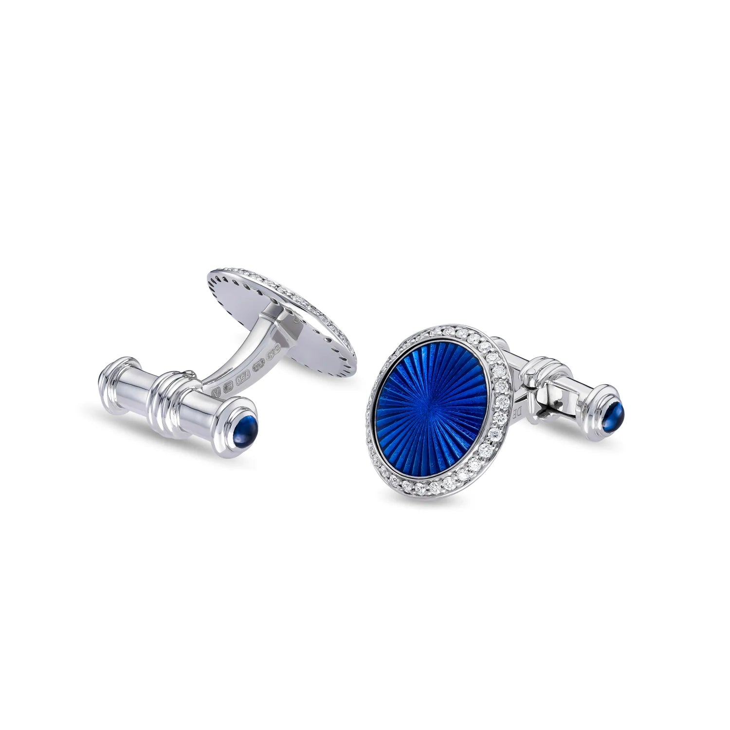 18ct White Gold Blue Enamel Cufflinks with Diamond Border and Sapphire Ends - Deakin & Francis