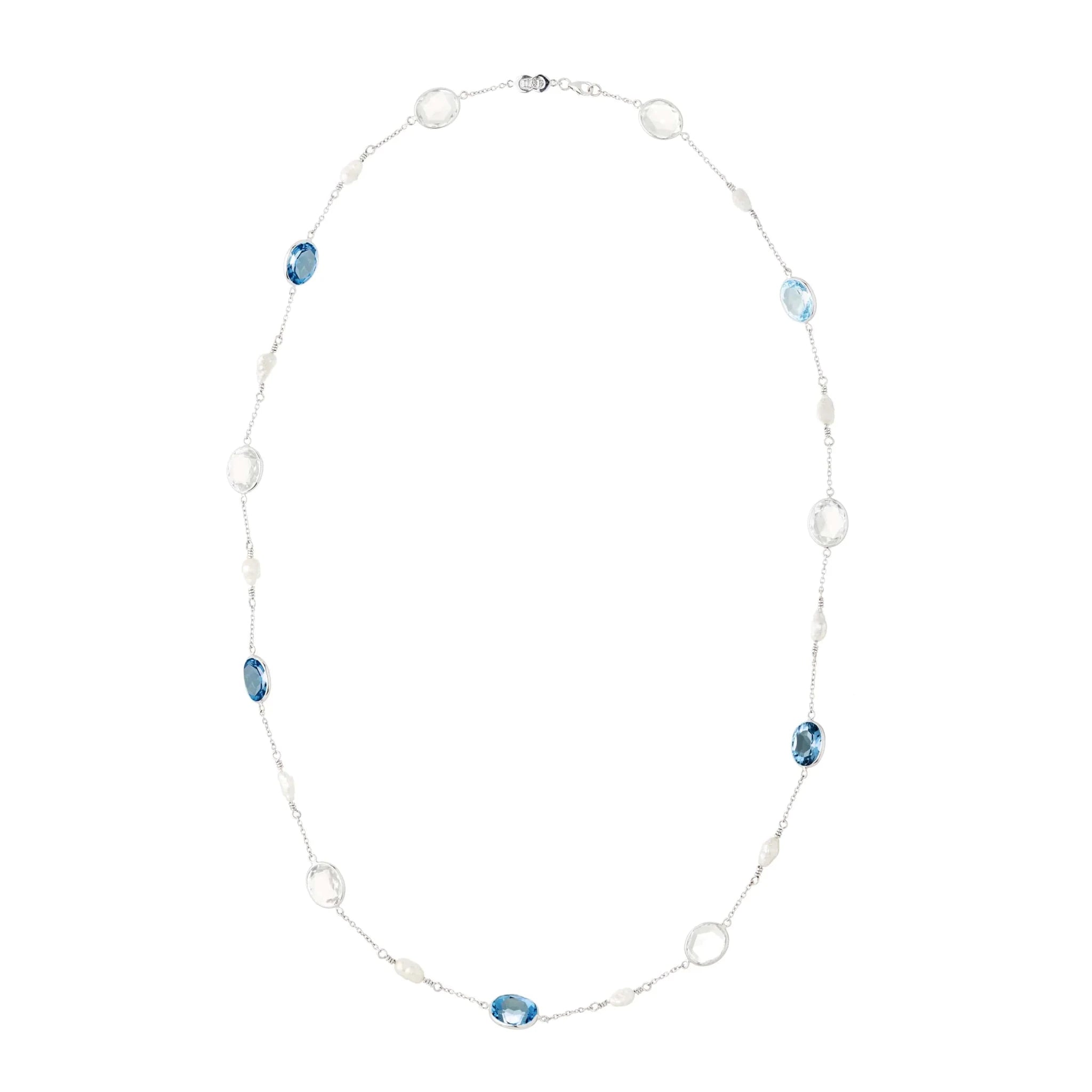 18ct White Gold Blue Topaz, Crystal And Pearl 24'' Necklace – Deakin & Francis - EB London