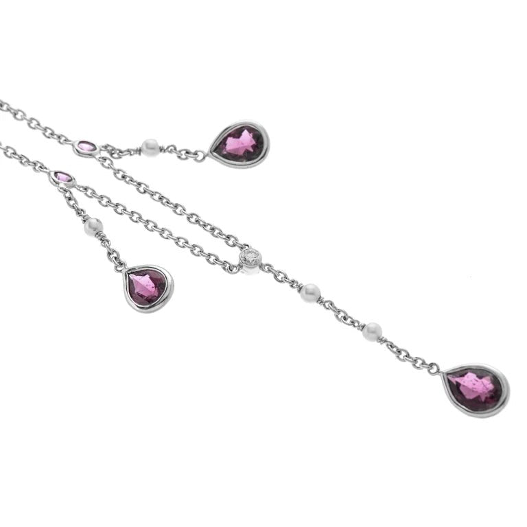 18ct White Gold Rubellite, Cultured Pearl and Diamond Drop Necklace – Deakin & Francis - EB London