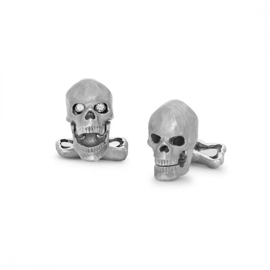 18ct White Gold Skull Cufflinks Featuring Diamond Eyes - Deakin & Francis - EB London