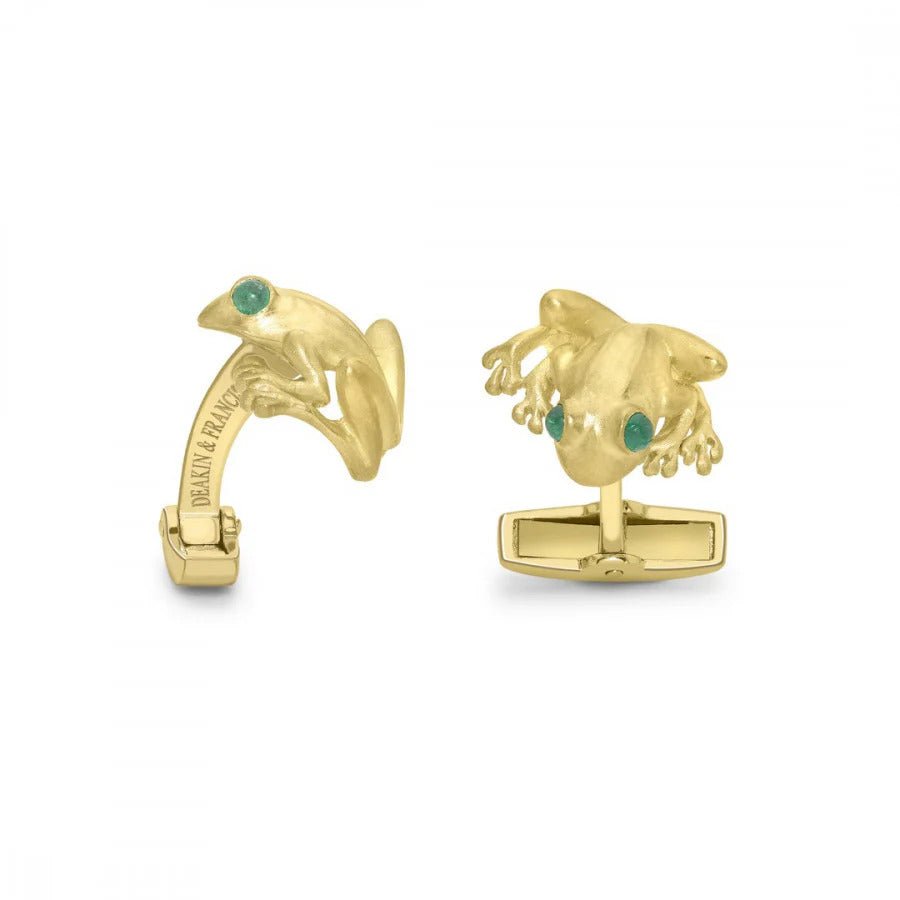 18ct Yellow Gold Frog Cufflinks with Emerald Accents - Deakin & Francis - EB London