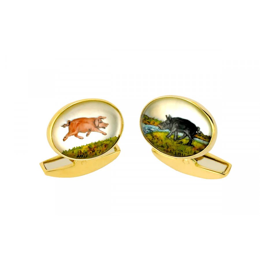 18ct Yellow Gold Hand - Painted Crystal Pig Cufflinks - Deakin & Francis - EB London