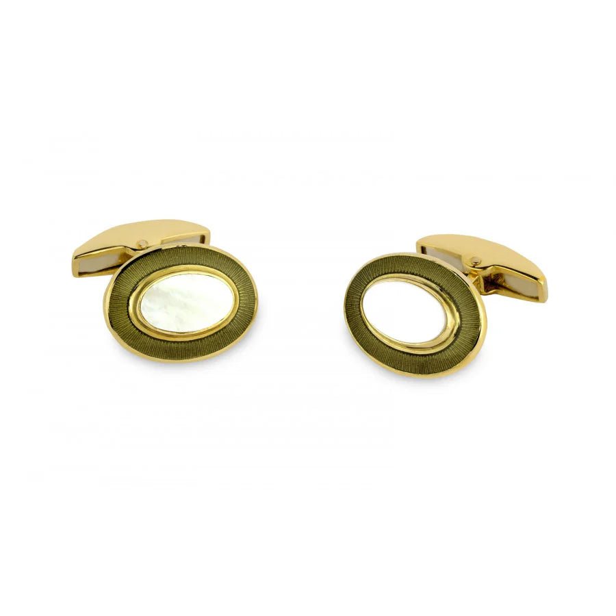 18ct Yellow Gold Oval Cufflinks with Mother - of - Pearl & Grey Border - Deakin & Francis - EB London