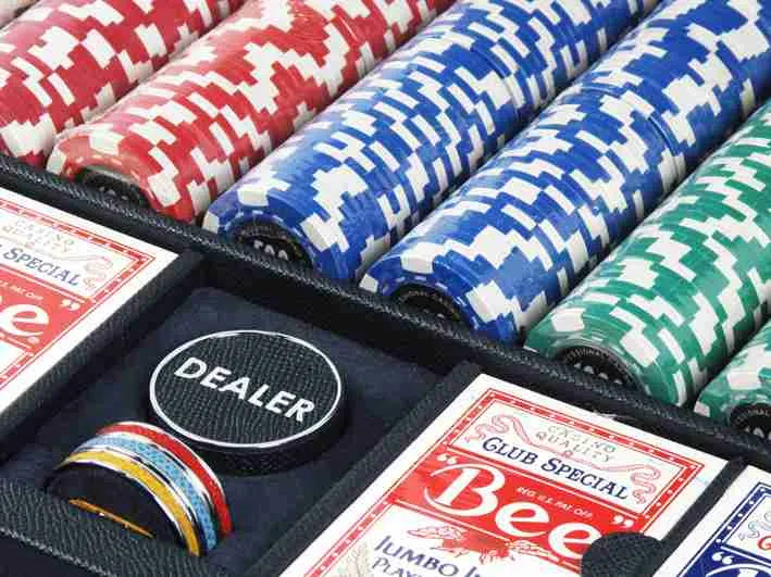 Luxury poker set in Marine Blue leather with clay chips, “Bee” cards, and chrome buttons by Geoffrey Parker for EB London.