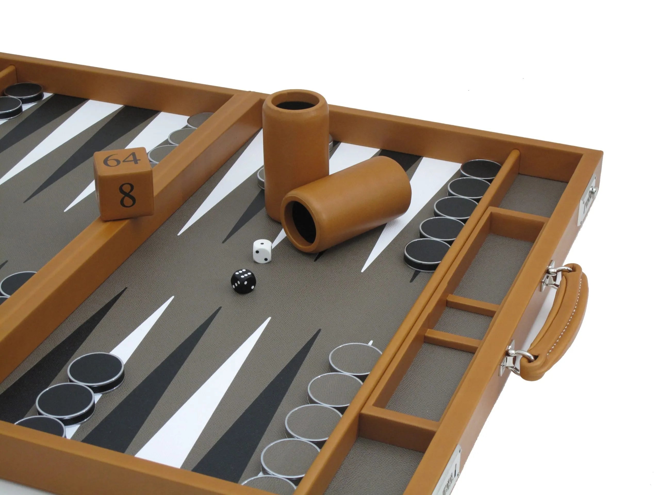 Handcrafted Bridle Hide Backgammon Set by Geoffrey Parker with bridle hide exterior and calf leather interior, including organised storage for checkers and dice.