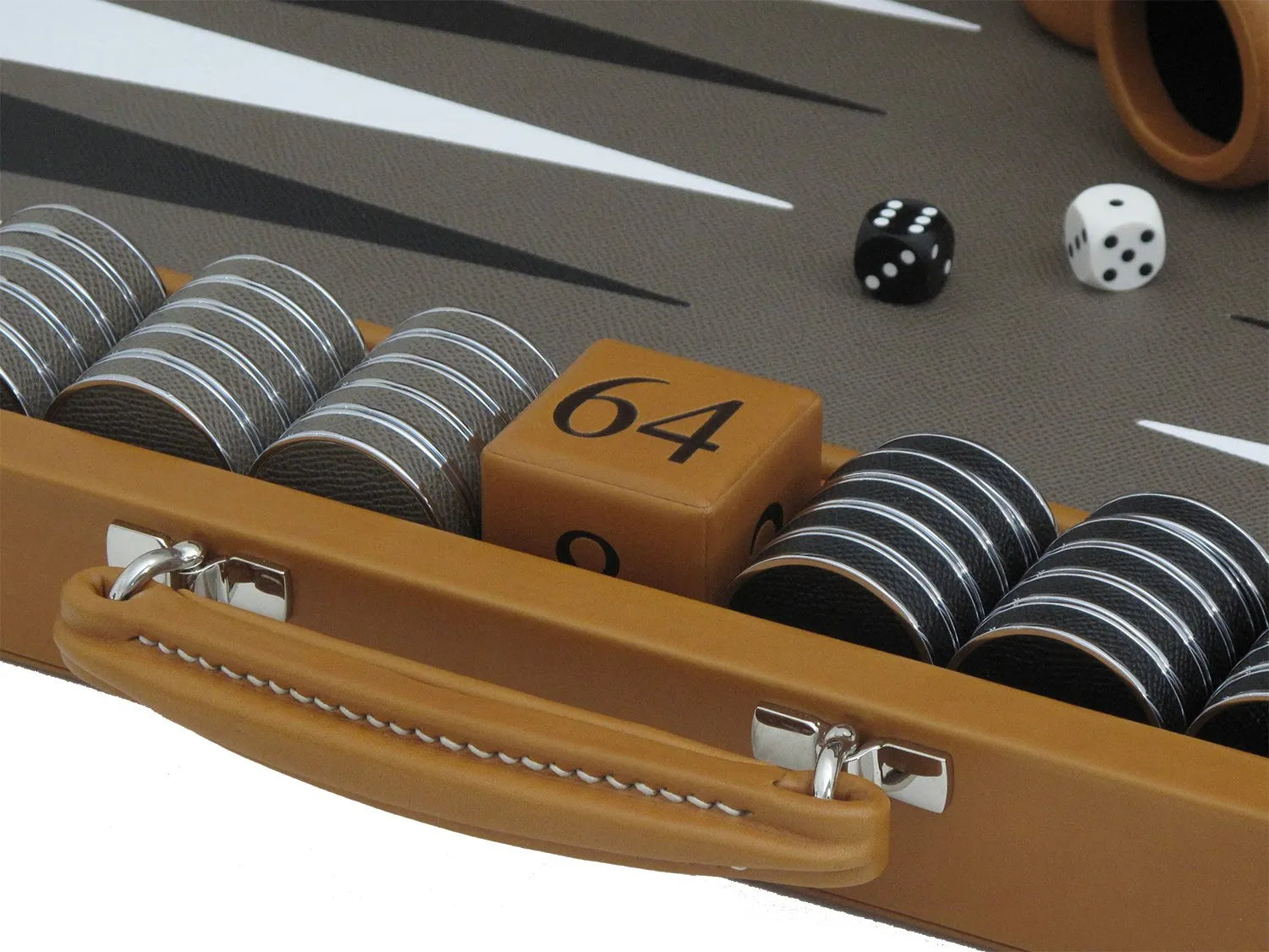 Handcrafted Bridle Hide Backgammon Set by Geoffrey Parker with bridle hide exterior and calf leather interior, including organised storage for checkers and dice.