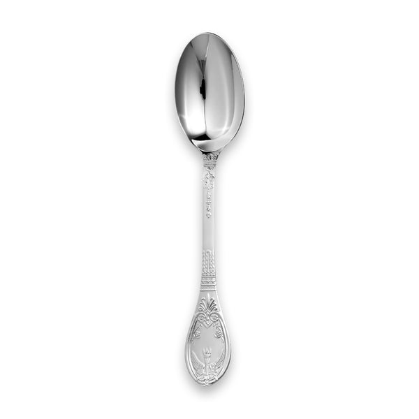 Carrs Silver Château dessert spoon in sterling silver with ornate scrollwork and floral detailing, hallmarked, 203mm