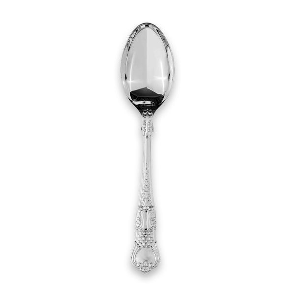 Carrs Silver Coburg large tea spoon in sterling silver, ornate scrollwork handle, polished finish, UK hallmarked, 152 mm