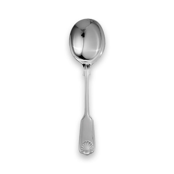 Carrs Silver Fiddle Thread & Shell soup spoon with broad fiddle-shaped handle and raised thread border, hallmarked, 176mm
