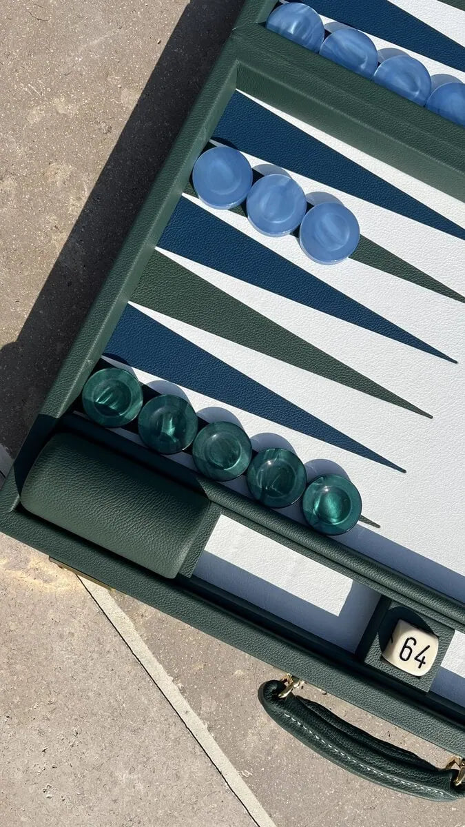 Handcrafted EB London backgammon set with Shelly leather playing surface and patterned acrylic checkers by Geoffrey Parker, featuring tournament-sized pieces and a refined British luxury finish.