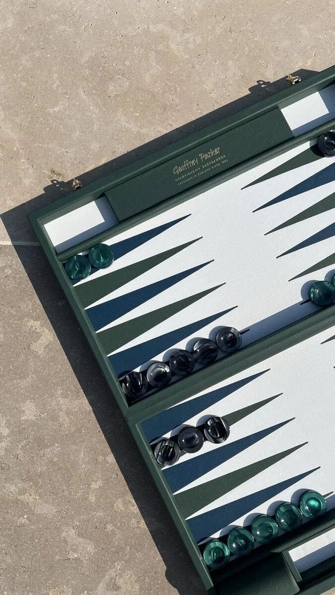 Handcrafted EB London backgammon set with Shelly leather playing surface and patterned acrylic checkers by Geoffrey Parker, featuring tournament-sized pieces and a refined British luxury finish.