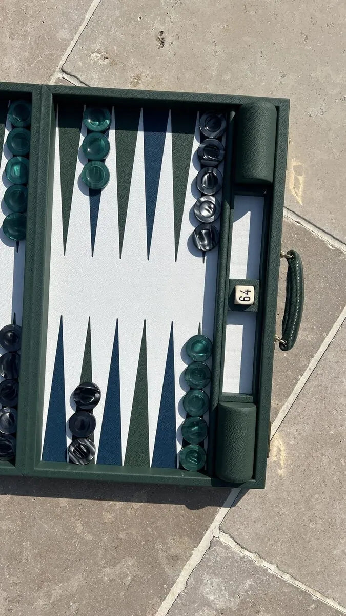 Handcrafted EB London backgammon set with Shelly leather playing surface and patterned acrylic checkers by Geoffrey Parker, featuring tournament-sized pieces and a refined British luxury finish.