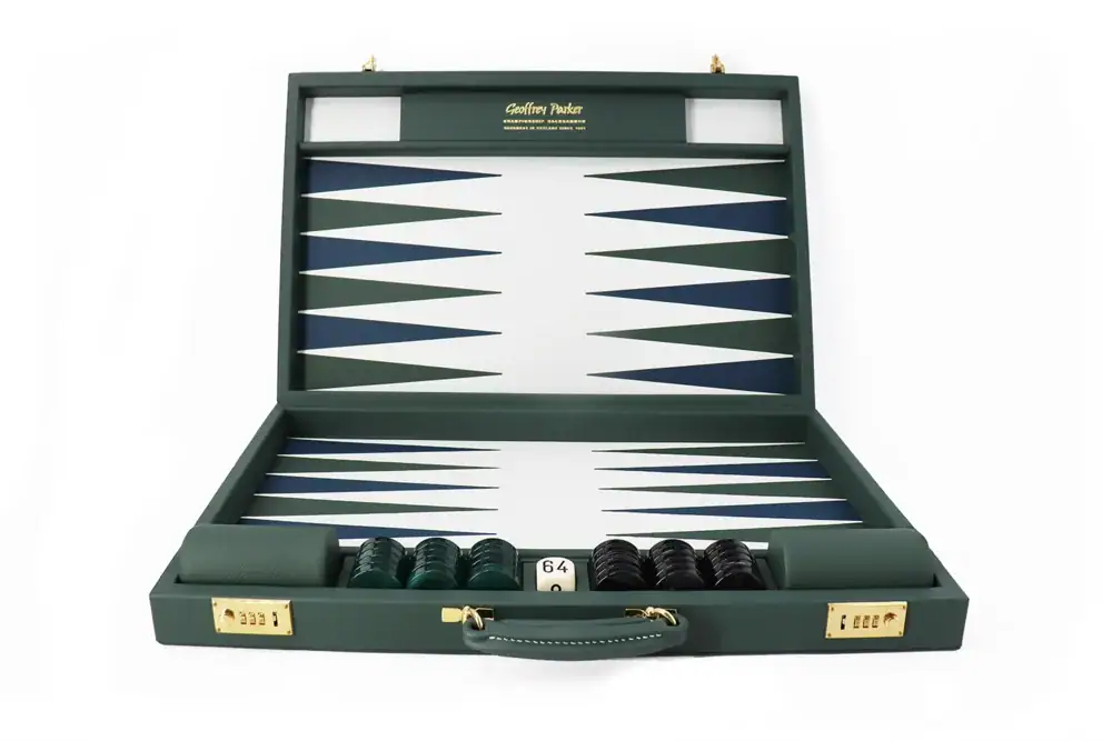 Luxury EB London backgammon set with Shelly leather playing field, jade green and white acrylic checkers, handmade leather case, tournament size, crafted in England.