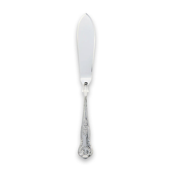 Carrs Silver Kings collection sterling silver fish blade, Rococo-inspired scroll and shell handle, hallmarked, 210mm length