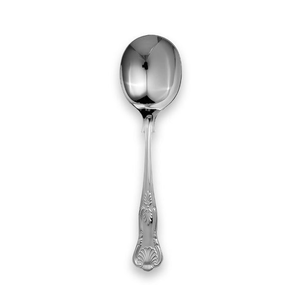 Carrs Silver Kings collection soup spoon with Rococo shell and foliate scroll detailing, hallmarked sterling silver or silver-plated, 176mm