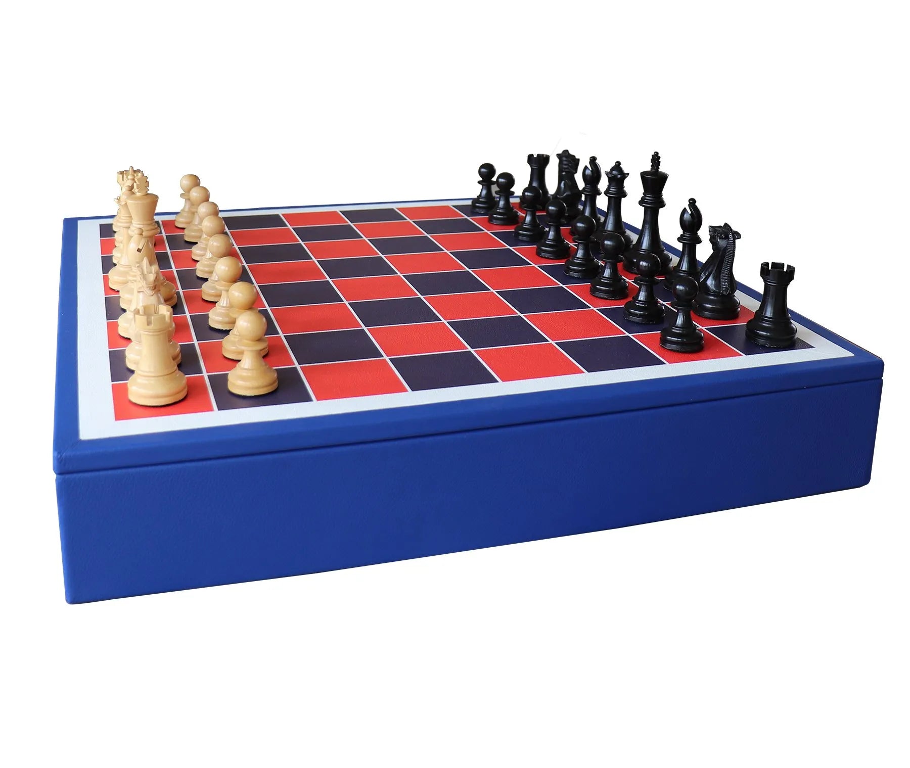 Luxury chess set with printed leather playing surface, Cobalt Blue plinth board, and triple-weighted Staunton chessmen by Geoffrey Parker for EB London.