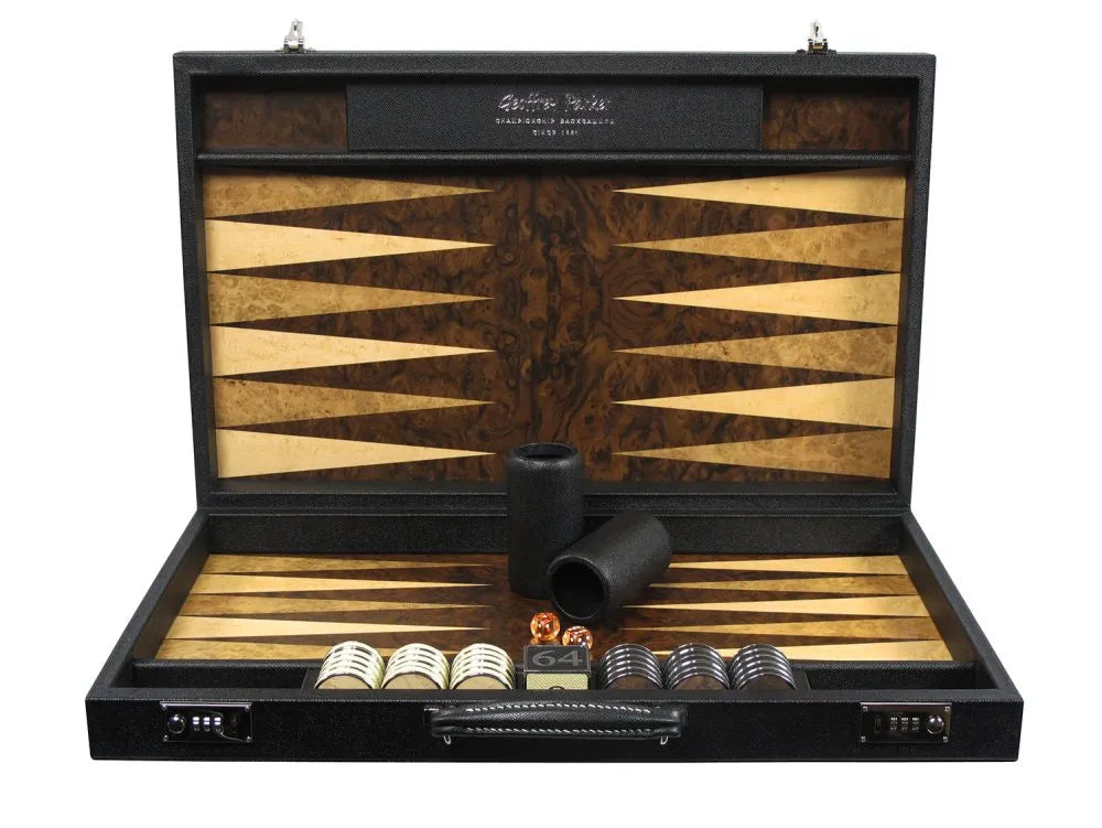 Handcrafted Bridle Hide Luxury Backgammon Set with vegetable-tanned leather exterior and Dauphin calf leather playing surface by Geoffrey Parker.