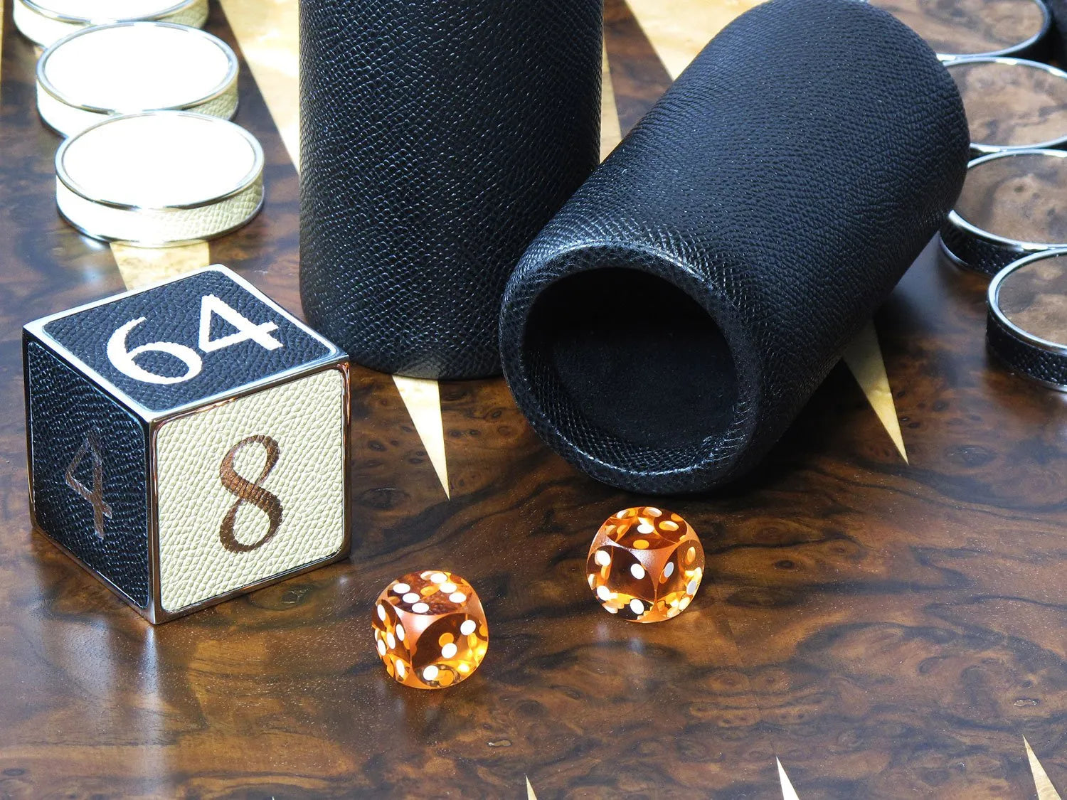 Handcrafted Bridle Hide Luxury Backgammon Set with vegetable-tanned leather exterior and Dauphin calf leather playing surface by Geoffrey Parker.