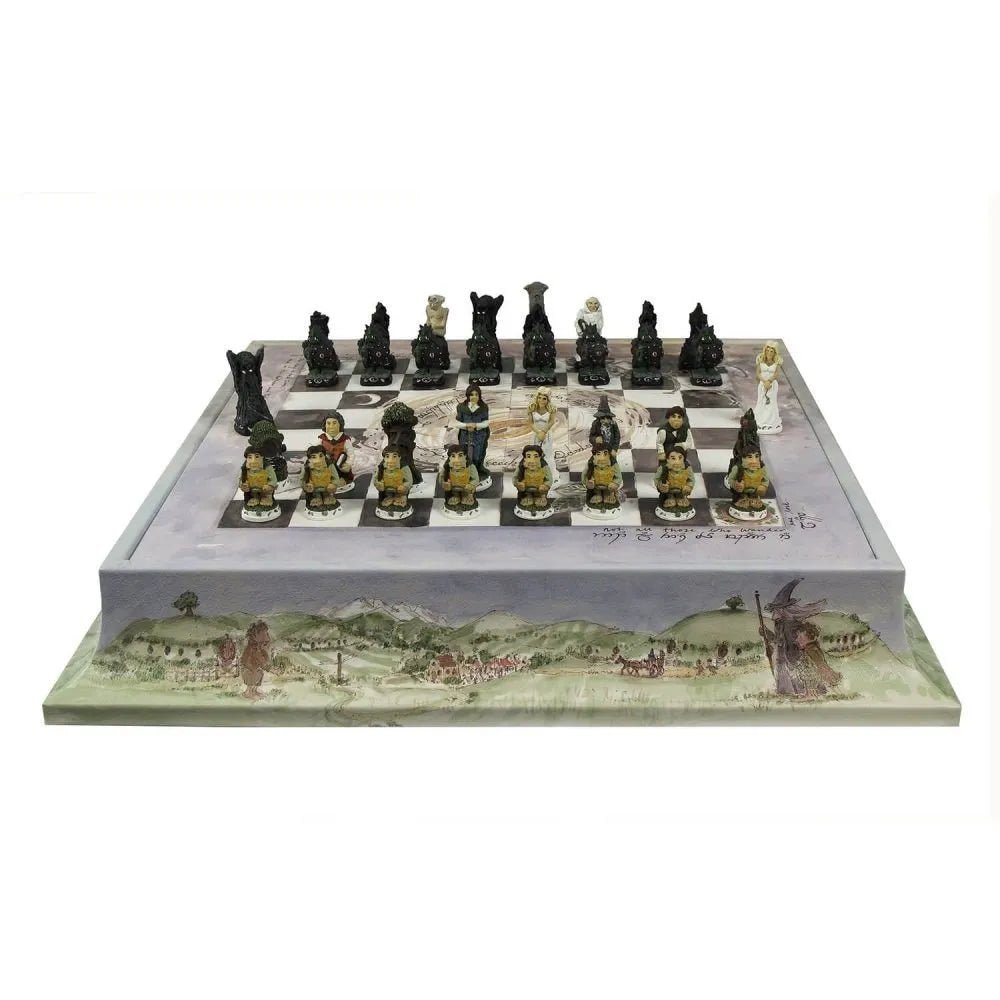 Hand-painted children’s chess set with illustrated leather board and hand-painted chess pieces by Geoffrey Parker for EB London.