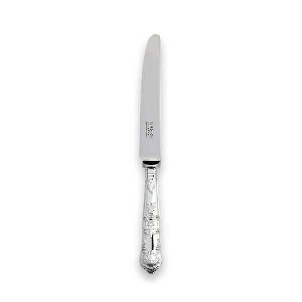 Table Knife: EB London sterling silver table knife with ornate shell and scroll handle, hallmarked, 245mm