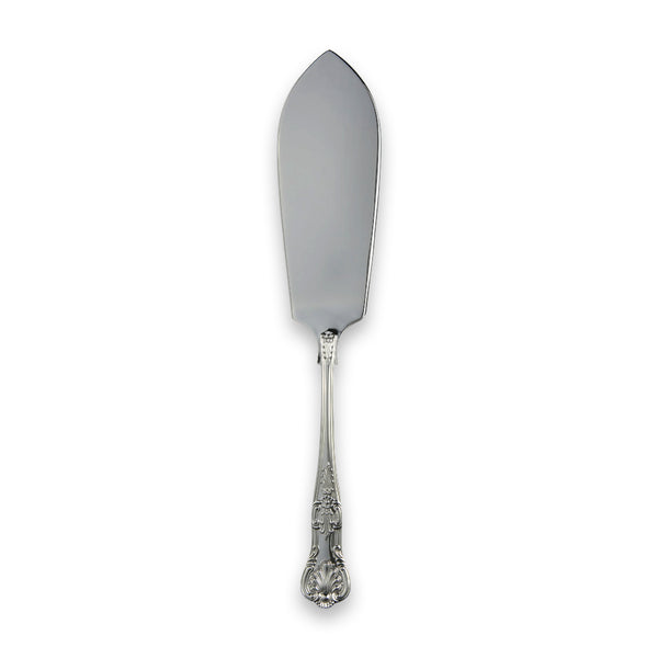 EB London by Carrs Silver Queens fish serving blade, sterling silver handle with ornate shell and floral motifs, polished, hallmarked, 316mm