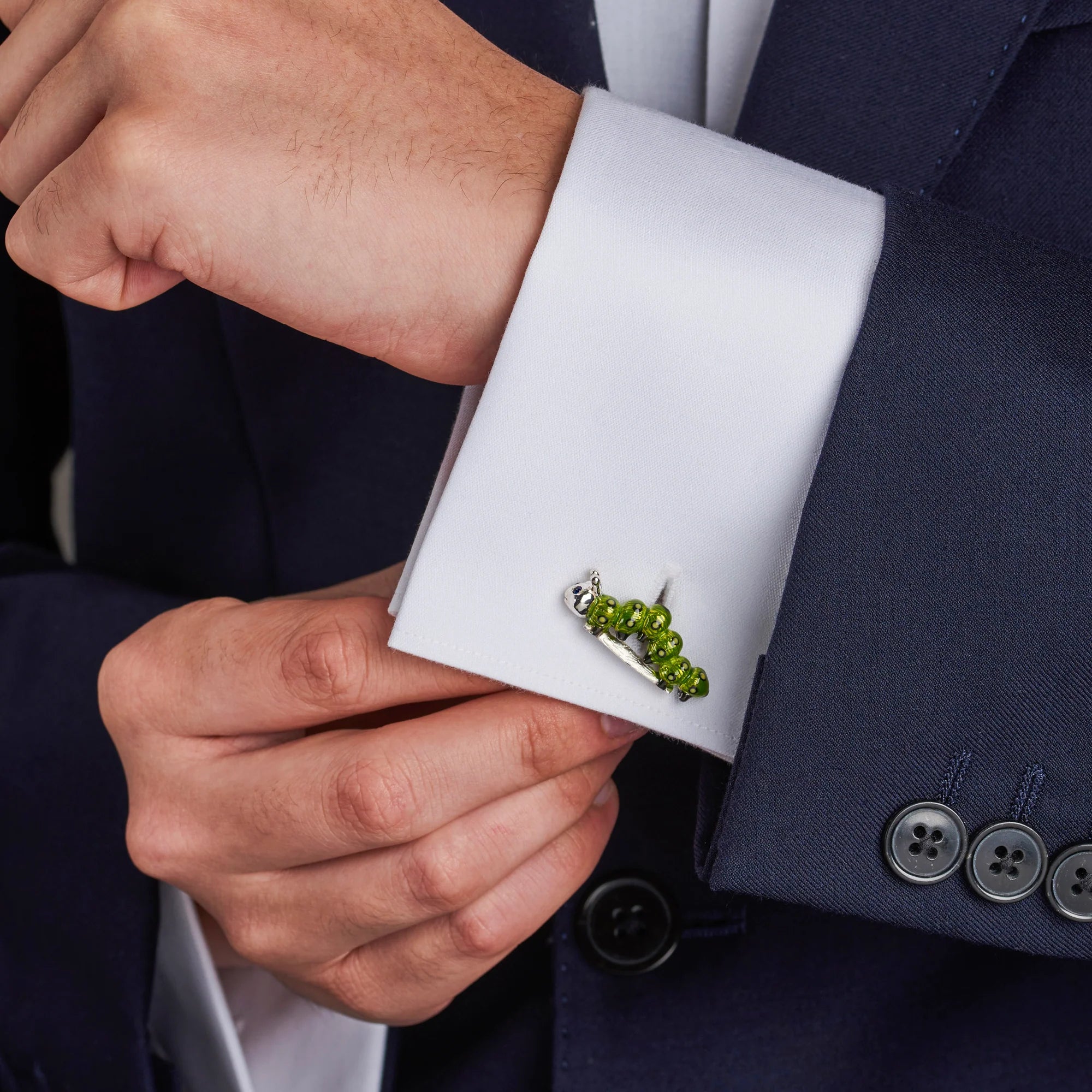 Silver Green Enamel Caterpillar Cufflinks with Sapphire Eyes – Deakin & Francis - EB London
