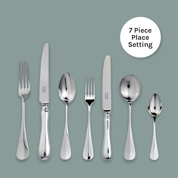 EB London by Carrs Silver Baguette 7 Piece cutlery set in hallmarked sterling silver, polished finish, tapered ridge design, complete place setting