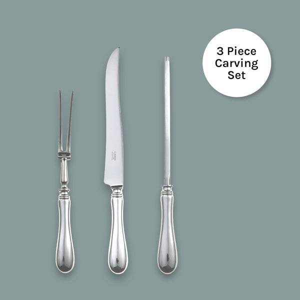 EB London by Carrs Silver Baguette carving set in sterling silver, hallmarked, including carving knife, fork and steel