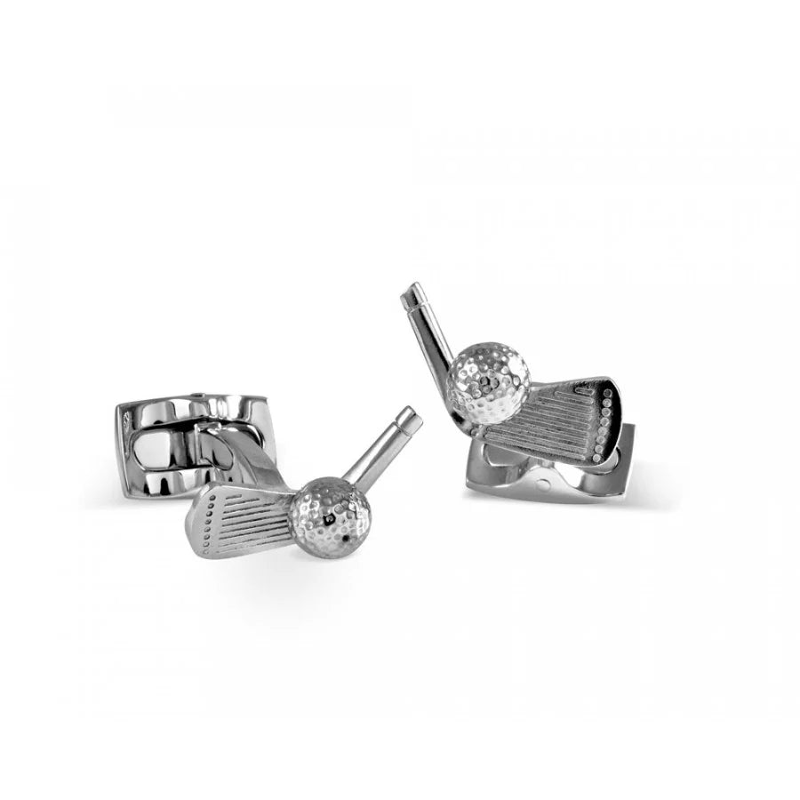 Base metal golf club cufflinks with dimpled golf ball detail by Deakin & Francis at EB London
