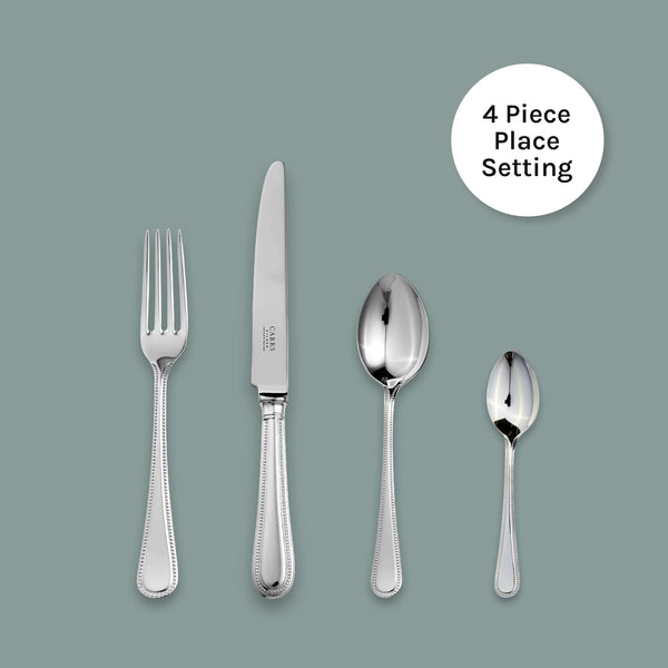 Carrs Silver EB London Bead 4-piece cutlery set, hallmarked sterling silver, includes table fork, table knife, dessert spoon, tea spoon, 24.5cm x 20.6cm x 1.8cm
