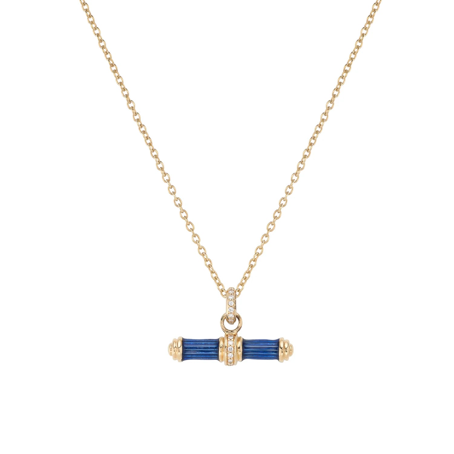 18ct yellow gold bar necklace with blue enamel and diamonds by Deakin & Francis at EB London