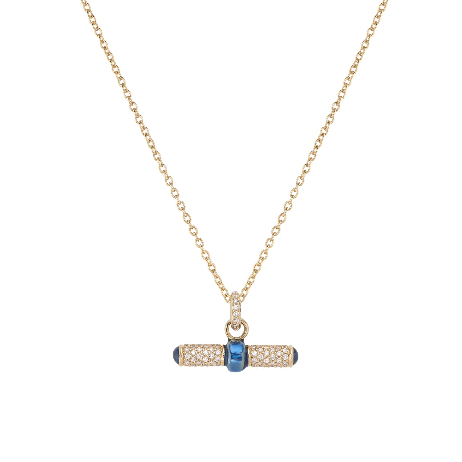 18ct yellow gold bar necklace with blue enamel, diamonds and sapphire ends by Deakin & Francis at EB London
