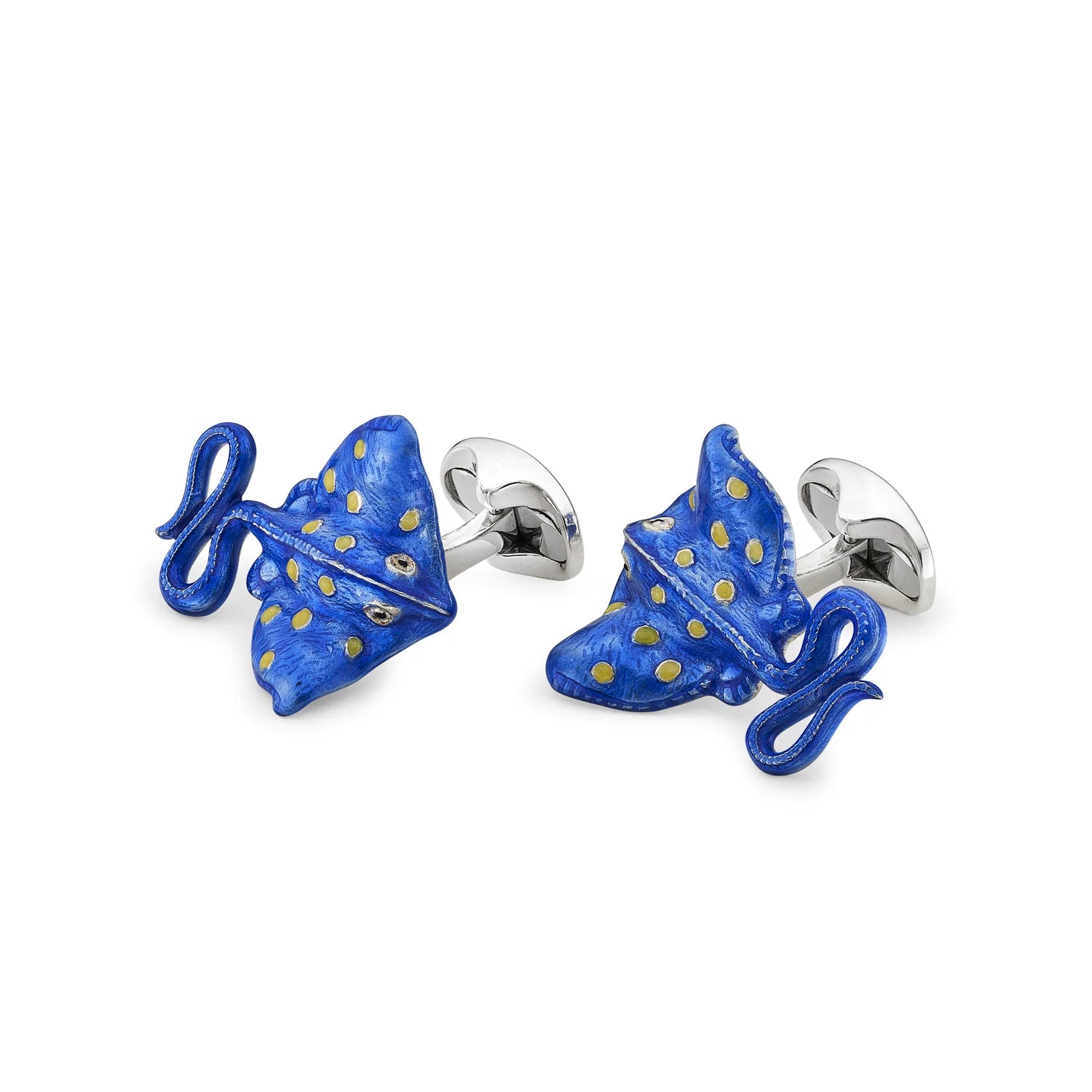 Blue stingray-shaped cufflinks with gold polka dots on a white - EB London