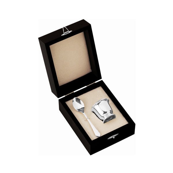 Child's Egg Cup & Spoon Set Wooden Box Sterling Silver - Carrs Silver - EB London