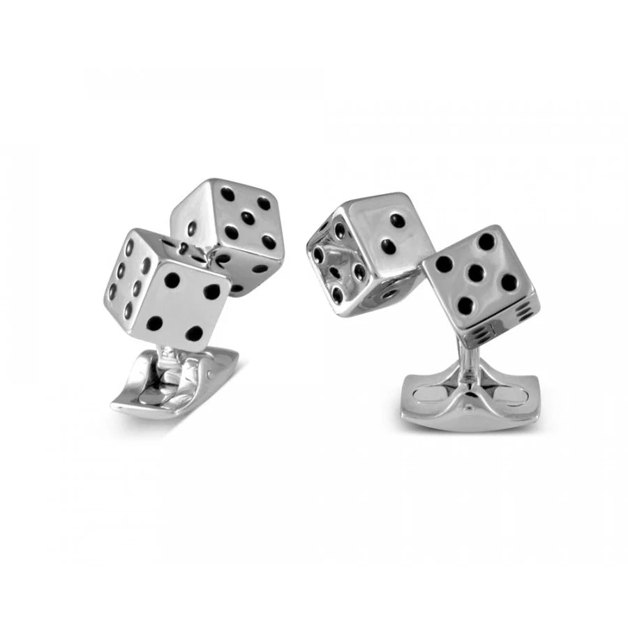 Deakin & Francis double dice cufflinks with enamelled black dots in white rhodium finish, handcrafted in Birmingham, available at EB London