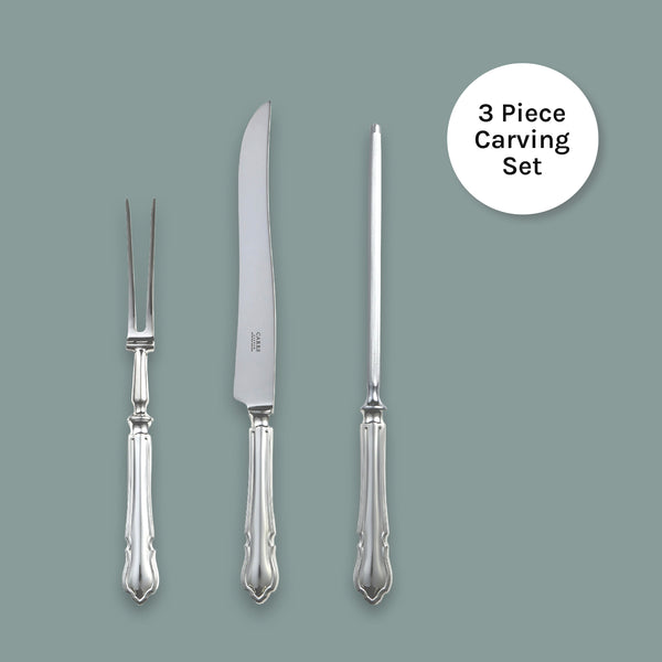 EB London by Carrs Silver Dubarry sterling silver carving set with knife, fork and carving steel, hallmarked, polished, 353mm/285mm/338mm