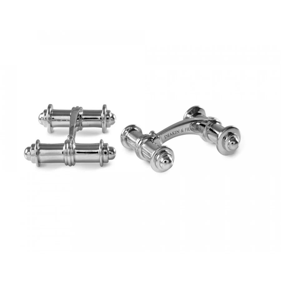 Deakin & Francis white rhodium plated dumbbell cufflinks, handcrafted in Birmingham, available at EB London
