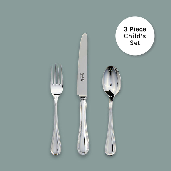EB London for Carrs Silver English Thread children’s cutlery set in sterling silver, knife 188mm, fork 136mm, spoon 140mm, polished finish, hallmarked