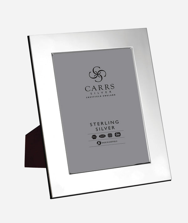 Carrs Silver modern flat wide sterling silver photo frame with wood back, hallmarked, handcrafted in Sheffield, England