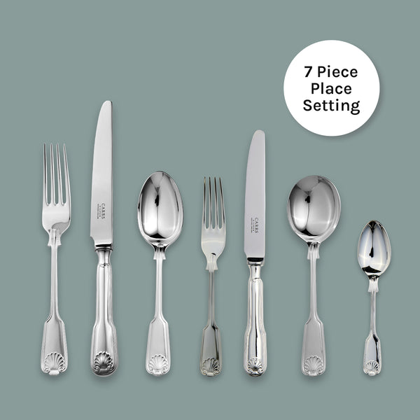 EB London Fiddle Thread & Shell 7-piece cutlery set in hallmarked sterling silver, polished finish, Sheffield craftsmanship