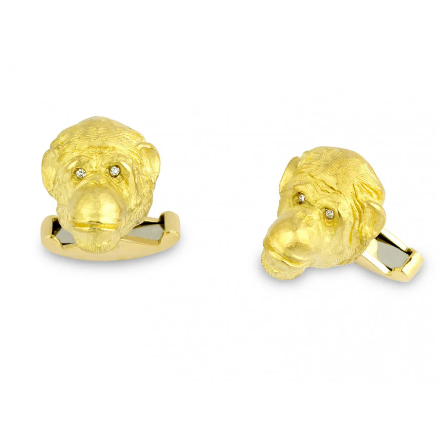 18ct Yellow Gold Chimpanzee Cufflinks with Diamond Eyes - Deakin & Francis - EB London