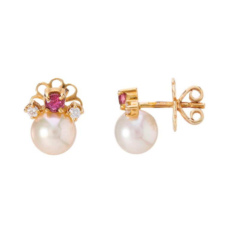 yellow gold stud earrings with cultured pearls, ruby and diamond details by Deakin & Francis at EB London