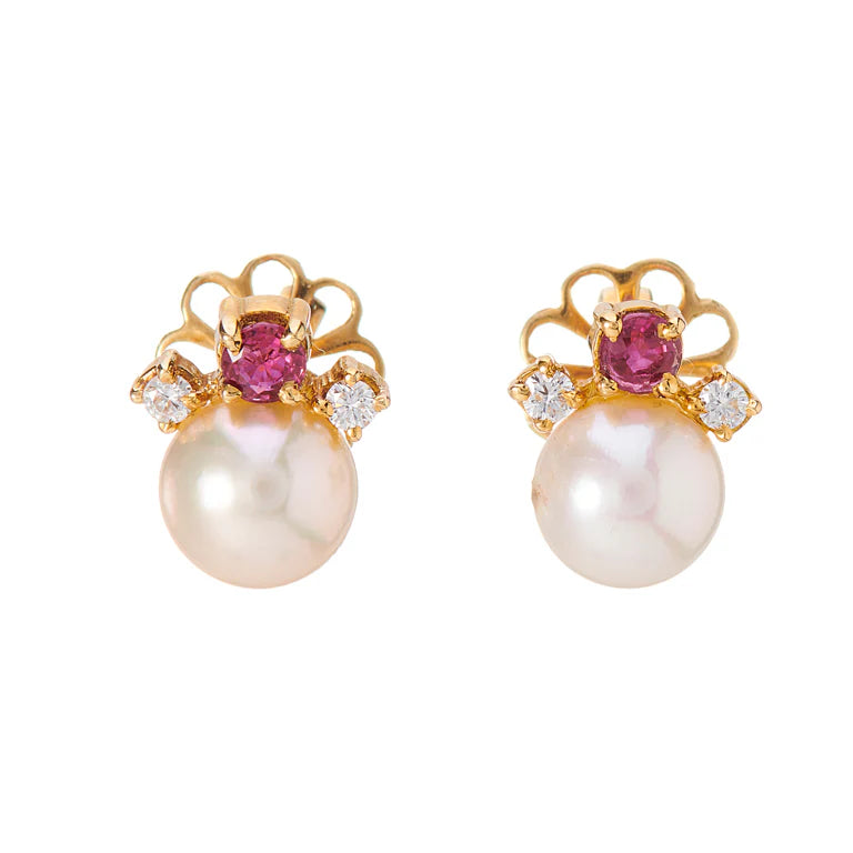 18ct yellow gold stud earrings with cultured pearls, ruby and diamond details by Deakin & Francis at EB London