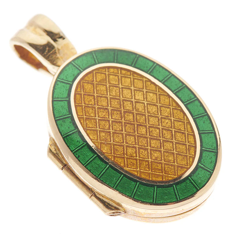 yellow gold locket with dark green and brown enamel by Deakin & Francis at EB London