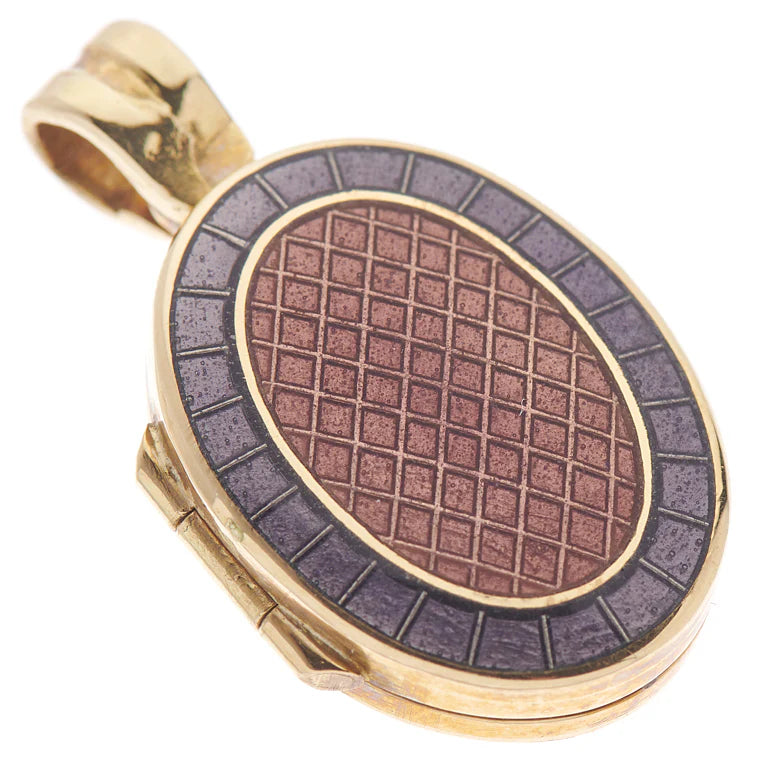 gold locket with dark pink and mauve enamel by Deakin & Francis at EB London