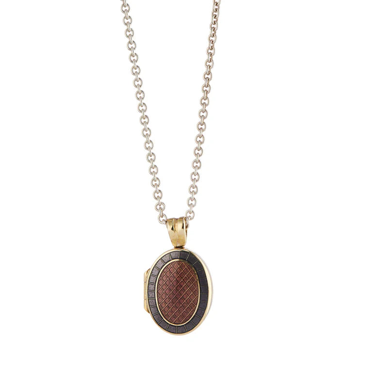 18ct yellow gold locket with dark pink and mauve enamel by Deakin & Francis at EB London