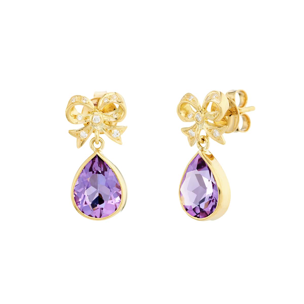 18ct yellow gold diamond bow earrings with pear shape amethyst drops by Deakin & Francis at EB London