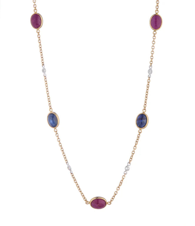 yellow gold necklace with cabochon rubies, sapphires and diamonds by Deakin & Francis at EB London