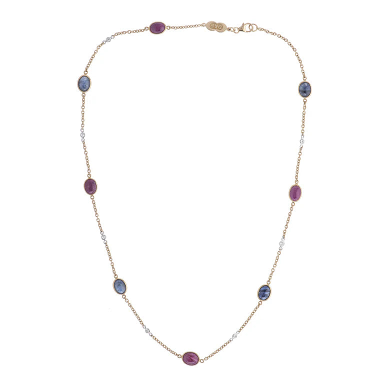 18ct yellow gold necklace with cabochon rubies, sapphires and diamonds by Deakin & Francis at EB London